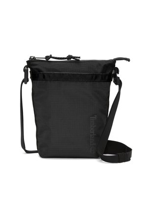 Sac seau en nylon noir avec fermeture à cordon, une sangle ajustable et une poche frontale en tissu à mailles noires avec un logo en relief.