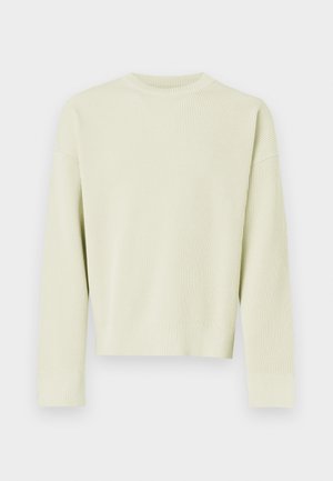 Pulover tricotat de culoare verde deschis, cu guler rotund, mâneci lungi și un tiv scurt. Textură simplă, fără modele sau accente vizibile.