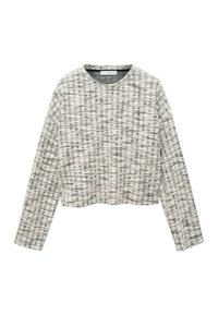 Pullover leggero e cropped in tessuto nero e bianco testurizzato. Presenta maniche lunghe e un collo rotondo con un delicato motivo a scacchi.
