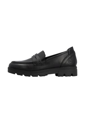 Mocassin en cuir noir avec semelle épaisse, couture moc toe, détail de bride et logo embossé au talon, vue de côté.