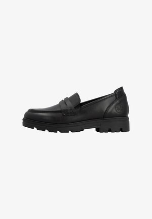 Mocassin en cuir noir avec semelle épaisse, couture moc toe, détail de bride et logo embossé au talon, vue de côté.
