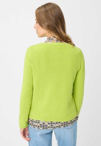 Maglione verde lime a coste con maniche lunghe, indossato sopra una camicia fantasia. Vestibilità casual con scollo rotondo e finitura strutturata.