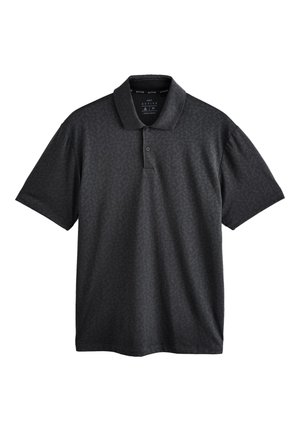 Sort polo t-shirt med korte ærmer, subtilt geometrisk mønster, to-knaps lukning og spids krave, vist på hvid baggrund.