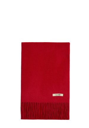 Red wool scarf with fringed edges. A beige tag with "GOBI" is attached, showcasing a smooth texture and even color. Standard rectangular shape.
