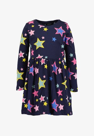 Vestido infantil de manga larga color azul marino con cintura fruncida y patrones de estrellas coloridas en rosa, amarillo, azul y blanco.