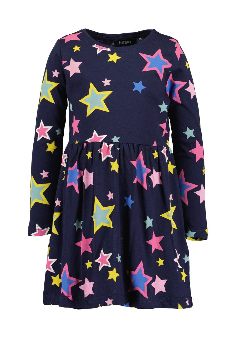Robe pour enfants à manches longues bleu marine avec taille froncée et motifs étoilés colorés en rose, jaune, bleu et blanc.