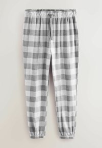 Grau und weiß karierte Pyjamahose aus weichem Stoff, mit elastischem Bund, Zugband und schmal zulaufenden Beinabschlüssen. Zwei Seitentaschen.