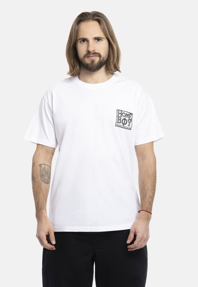 White cotton T-shirt with short sleeves, featuring a black graphic design on the left chest pocket area. Straight cut, relaxed fit.