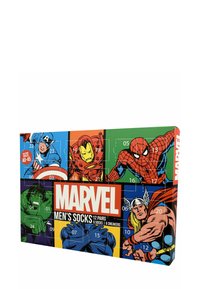 Marvel men's socks gift box featuring 12 pairs, with colorful designs of iconic superhero characters on a vibrant, graphic background.