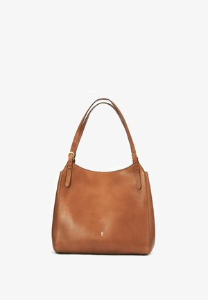 Brązowa skórzana torebka z dwoma regulowanymi paskami na ramię i małym złotym logo na środku przodu.