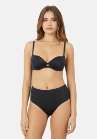 Black bikini set featuring a smooth fabric, plunge bra with a central cutout, and high-waisted bottom for full coverage.