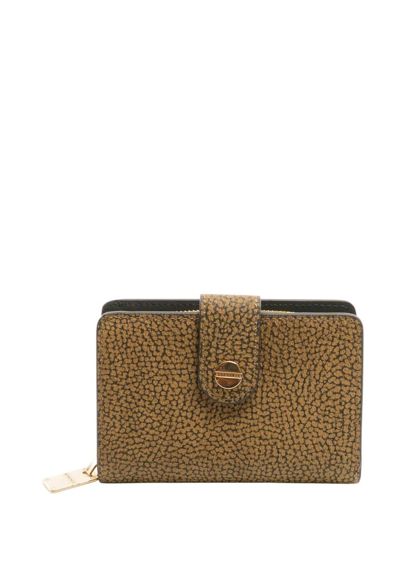 Portafoglio compartimentato in pelle marrone testurizzata con chiusura a scatto. Presenta ferrature dorate e un bordo liscio nero. Compatto e rettangolare.