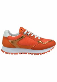 Orange running shoe featuring a mesh design with metallic gold accents, white sole, and multi-directional textured tread. White laces.