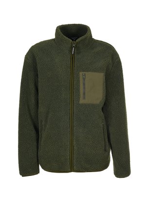 Kurtka polarowa w ciemnozielonym kolorze, z wysokim kołnierzem, zamkiem błyskawicznym z przodu i kieszenią na piersi z zamkiem. Teksturowany, ciepły materiał.