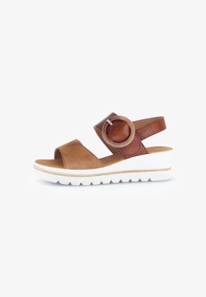 Brown suede sandal with a wide strap and leather accents, featuring a circular hardware detail and a white wedge sole.