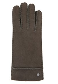 Gant en laine marron avec cinq doigts, détails cousus et un petit logo en métal au niveau du poignet. Texture douce et design ajusté.
