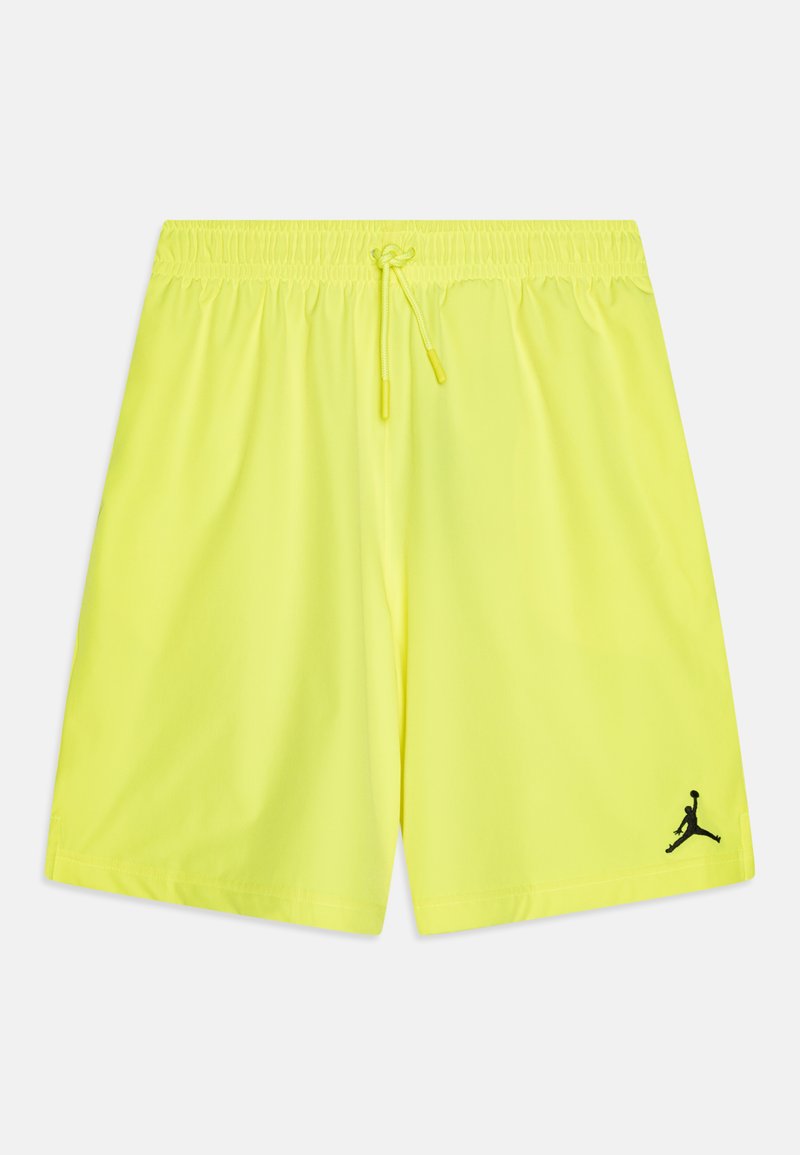 Neon-gelbe Badshorts mit elastischem Bund und verstellbarem Kordelzug. Mit einem kleinen schwarzen Jordan-Logo auf der unteren linken Seite.