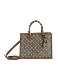 Brązowa torebka o wzorzystym wzorze, z usztywnioną konstrukcją, wykonana z materiału przypominającego płótno, wyposażona w dwa uchwyty, odpinany pasek na ramię oraz ozdobne chwosty.