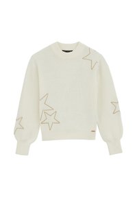 Pulover alb cu dungi, decorat discret cu broderie aurie în formă de stele pe mâneci, guler rotund și mansete ajustate. Textură moale și croială lejeră.