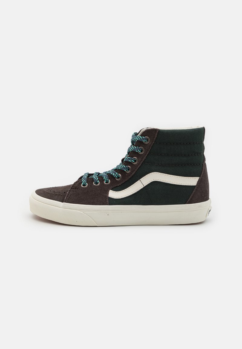 High-top sneaker in dark brown and green fabric with turquoise laces. Features white accent stripe and rubber sole. Textured side panels.