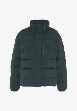 Dunkelgrüne Daunenjacke mit hohem Kragen, verstellbaren Kordeln, reißverschlussgesicherten Taschen und einer strukturierten Oberfläche. Mit einem dezenten Logo-Detail.