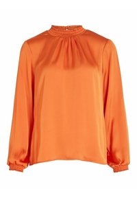 Pitkähihaine oranssi pusero, jossa on rypytetty kaula-aukko ja elastiset hihansuut. Sileä, kiiltävä kangas, rento malli ja vähäiset suunnitteluyksityiskohdat.