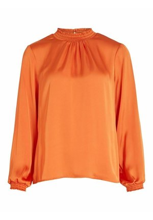 Oranje blouse met lange mouwen, een geplooide halslijn en elastische manchetten. Gladde, glanzende stof met een ontspannen pasvorm en minimale ontwerpdetails.