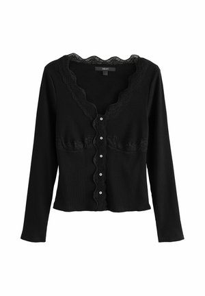 Next, LONG SLEEVE V-NECK RIBBED LACE TRIM TOP - Cardigan - black