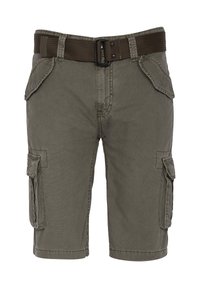 Pantaloni cargo in tessuto verde oliva. Le caratteristiche includono numerose tasche laterali, una cintura testurizzata con fibbia in metallo e una vestibilità dritta.