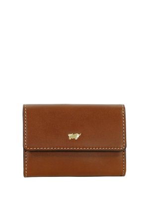 Portafoglio in pelle marrone con cuciture bianche e un piccolo emblema dorato a forma di animale sulla patta anteriore.