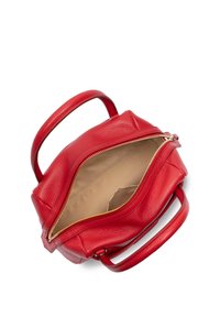 Borsa a mano in pelle rossa con chiusura a zip, due manici e fodera interna beige. Presenta una texture liscia e una zip in tono oro.