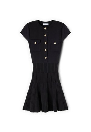 Musta lyhythihainen neulemekko, jossa kultaiset napit etuosassa, kaksi napitettua rintataskua ja liehuva, resoroitu helma.