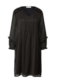 Vestido negro con estampado de leopardo. Presenta un escote en V, cordón ajustable y mangas con volantes. Está hecho de una tela ligera y semitranslúcida.