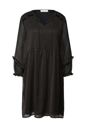 Schwarzes Kleid mit Leopardenmuster. Mit V-Ausschnitt, Kordelzug und Rüschensäumen. Hergestellt aus einem leichten, semitransparenten Stoff.