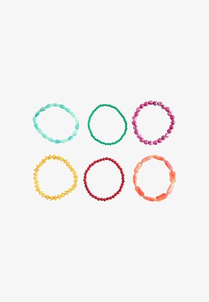 Six colorful beaded stretch bracelets arranged in two rows on a white background, featuring turquoise, green, pink, yellow, red, and coral beads.