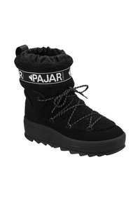 Black winter boot with a textured upper, elastic cuff, and contrasting white logo band. Features a thick, rugged sole and black laces.