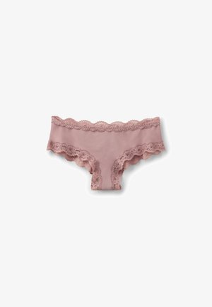 Bragas hipster rosa con encaje, adornadas con detalles de encaje floral a lo largo de la cintura y las aberturas de las piernas, hechas de material suave y elástico.