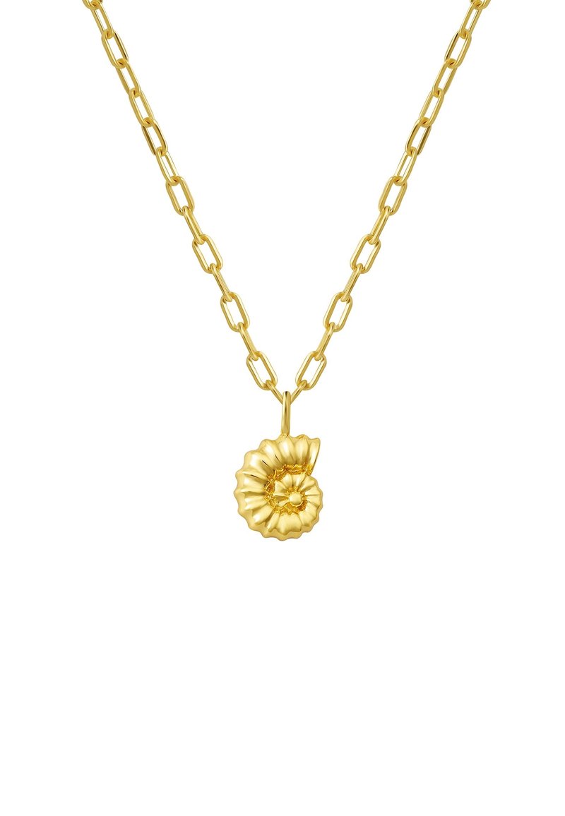 Zelta ķēdes kaklarota ar izstieptiem posmiem un rievotas, gliemežvāka formas piekariņu, kas rotāts ar centrālo pērlīšu detaļu.