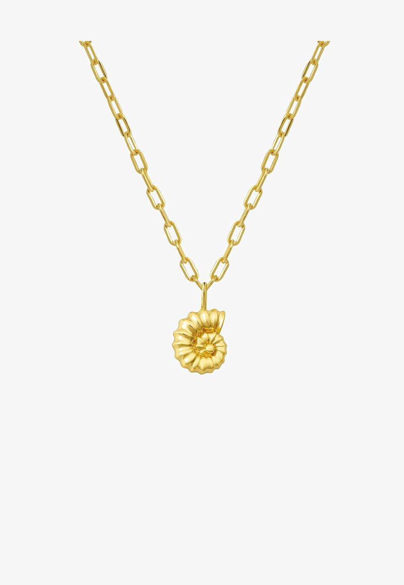 Zelta ķēdes kaklarota ar izstieptiem posmiem un rievotas, gliemežvāka formas piekariņu, kas rotāts ar centrālo pērlīšu detaļu.