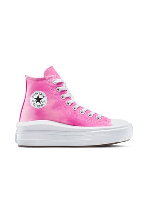 High-top pink Converse All Star sneaker with white laces and thick white platform sole on a white background.