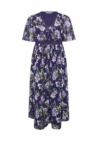 Navy floral maximekko lyhyillä hihoilla, jossa on pitsireunainen V-pääntie ja istuva vyötärö, koristeltu violeteilla ja vihreillä kukilla.