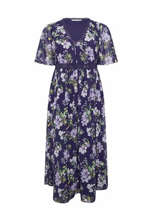 Navy floral maximekko lyhyillä hihoilla, jossa on pitsireunainen V-pääntie ja istuva vyötärö, koristeltu violeteilla ja vihreillä kukilla.