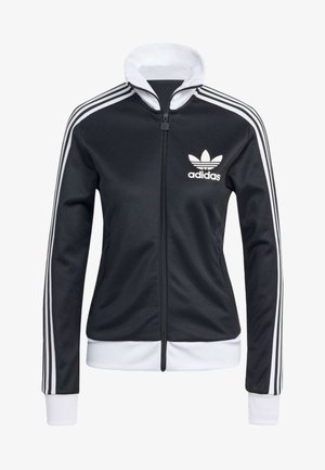 Black zip-up jacket with a white hood, featuring three white stripes along the sleeves and an embroidered white Adidas logo on the chest.