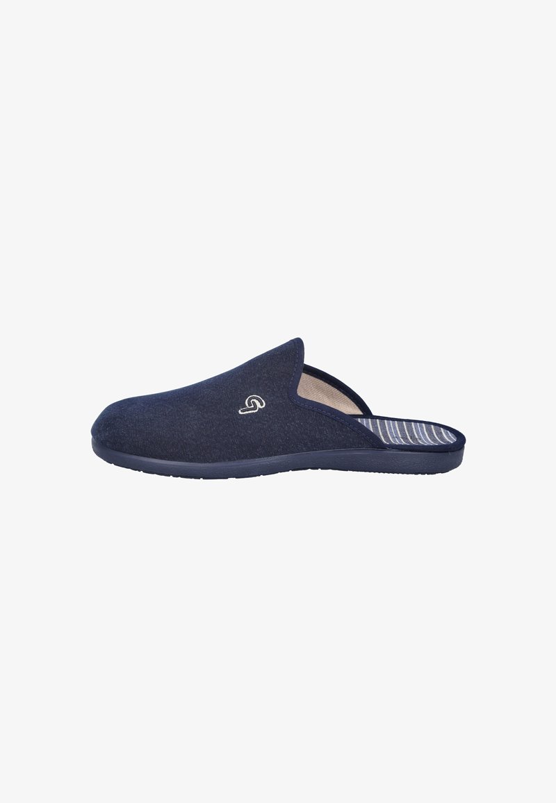 Zapatillas de casa de color azul marino, con parte superior de tela de acabado texturizado, forro suave y plantilla a rayas. Presentan un detalle de logo mínimo en el lateral.