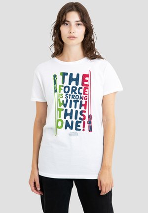 White cotton t-shirt featuring multicolored text: "THE FORCE IS STRONG WITH THIS ONE!" and lightsaber graphics in green and red.