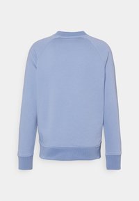 Sweat-shirt bleu clair, tissu doux, col rond, poignets et ourlet côtelés, manches raglan, design minimaliste sans impressions ni accents.