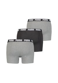 Three pairs of boxer shorts in gray and black, made of cotton blend, featuring a black waistband with white "PUMA" logo.