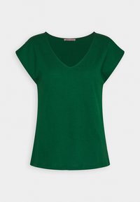 Haut vert foncé à manches courtes avec col en V et coupe décontractée, présenté sur un fond blanc uni.