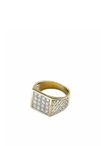 Bague sigillaire en or avec un visage carré, ornée d'accents en pierres précieuses transparentes et d'un anneau texturé, présentant un motif tressé sur un côté.