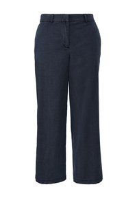 Marineblauwe, wijde broek gemaakt van textuurstof; beschikt over zijzakken en een tailleband met een ritssluiting en knoopsluiting.